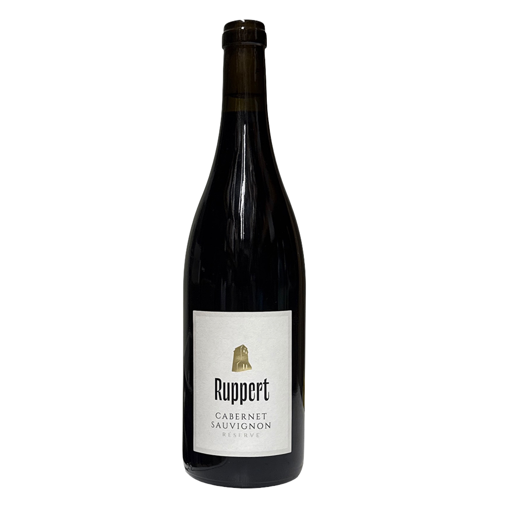 Flasche Cabernet Sauvignon Réserve trocken vom Weingut Ruppert aus Hammelburg in Franken, weißes Etikett mit goldenem Turm-Logo