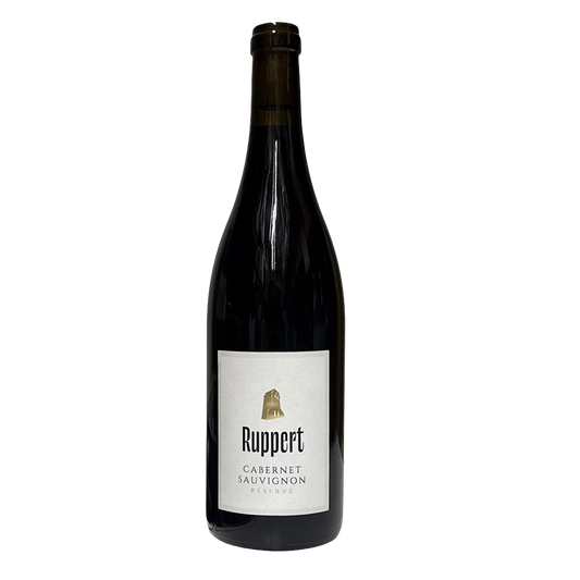 Flasche Cabernet Sauvignon Réserve trocken vom Weingut Ruppert aus Hammelburg in Franken, weißes Etikett mit goldenem Turm-Logo